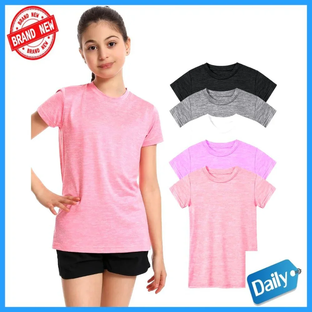 5 Pack Girls Athletic Shirts Quick Dry Sports Tees Short Sleeve Crew Neck